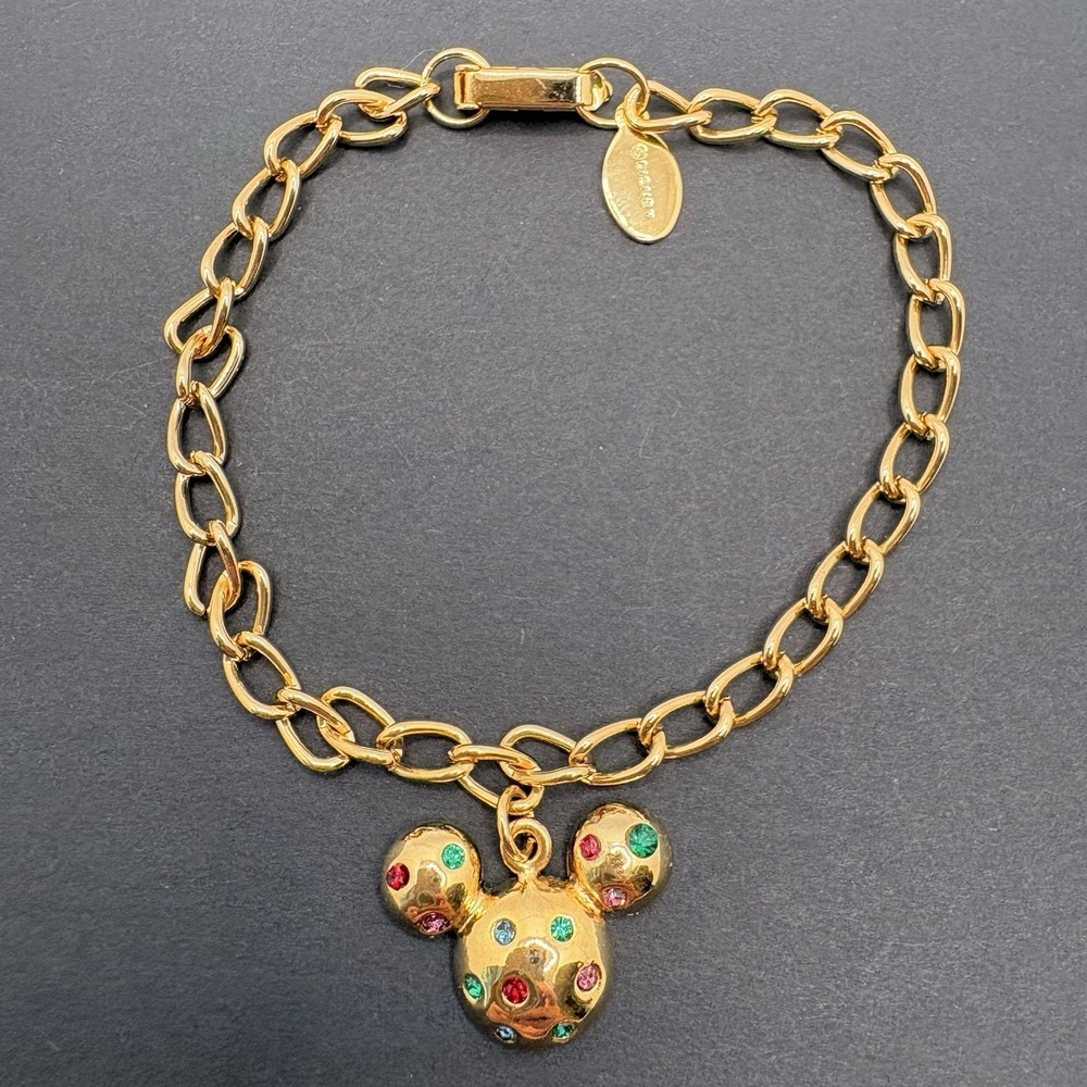 Vintage Disney Puffy Mickey Mouse Charm Bracelet Rhinestones Gold Tone 7"